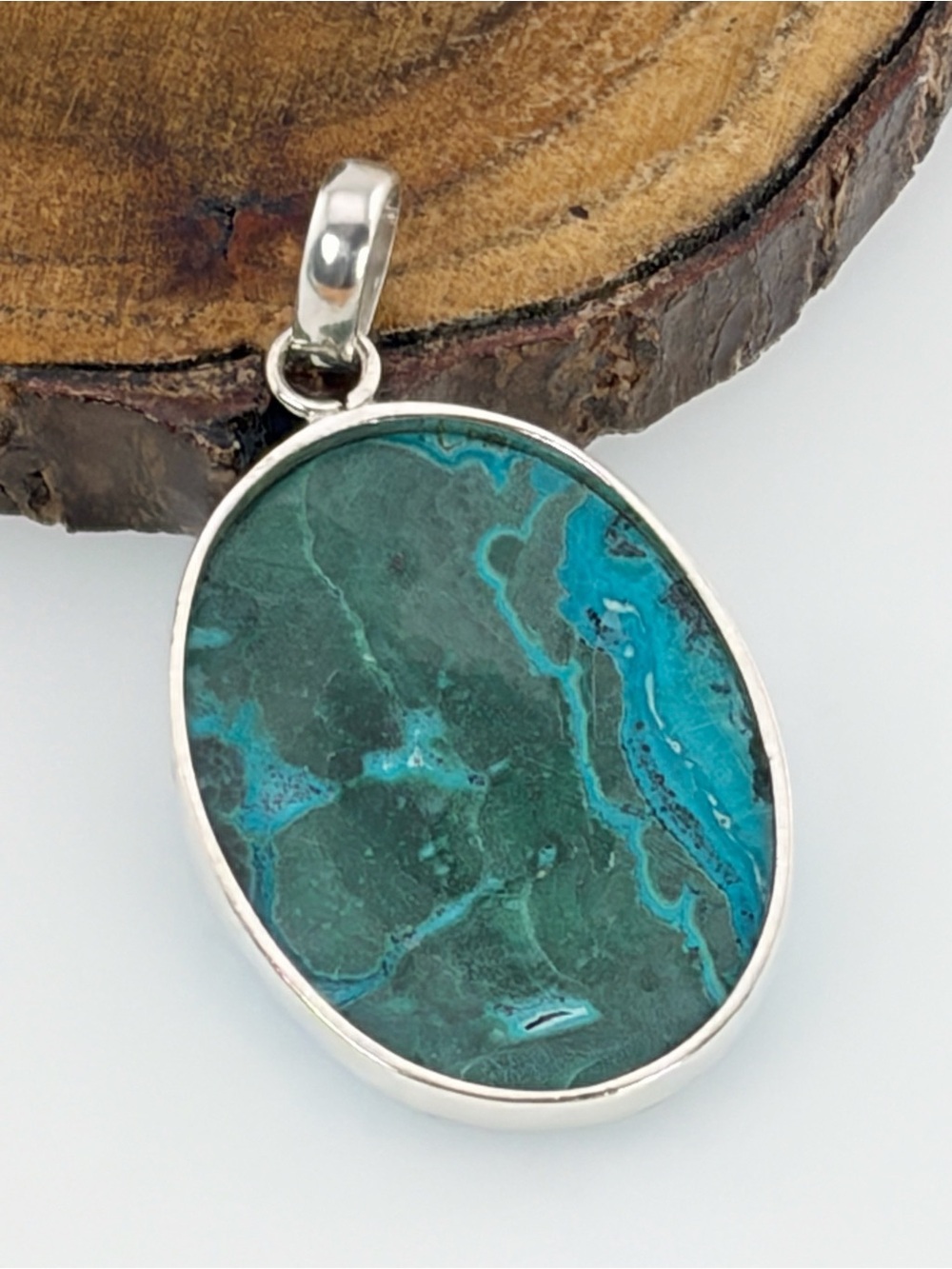 Pure Sterling Silver 925 Top Quality Malachite Chrysocolla Pendant Necklace - Picture 7 of 9
